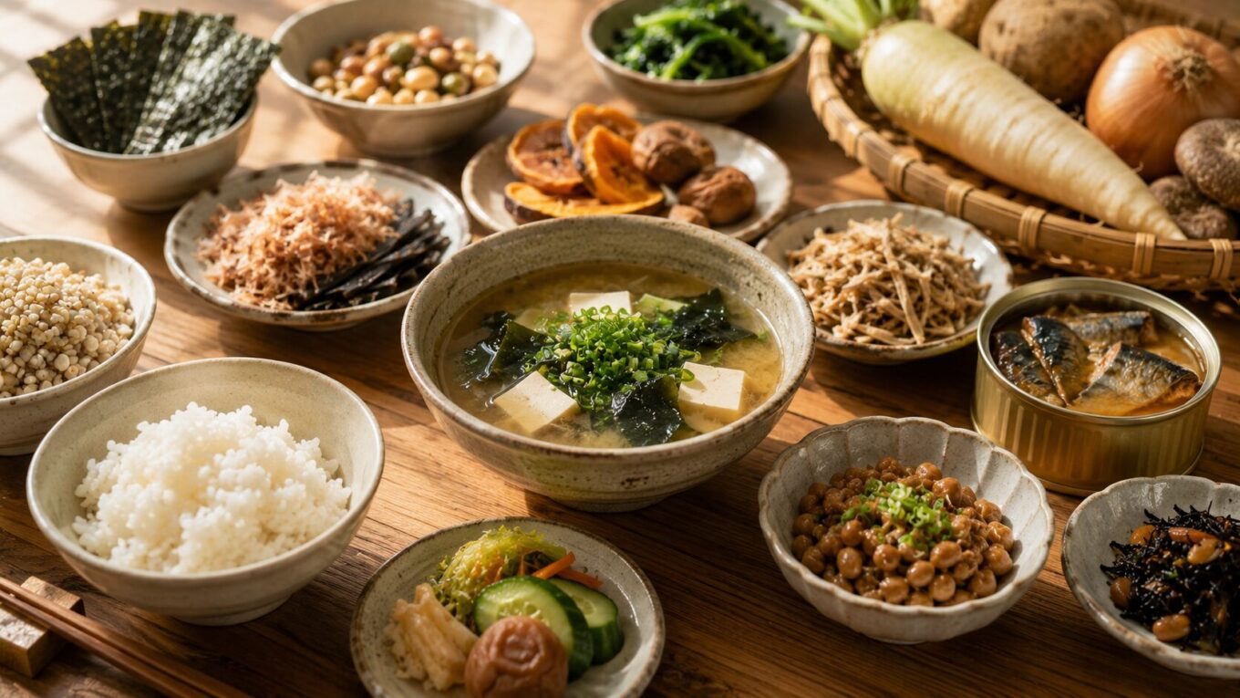 味噌汁や納豆、サバ缶、乾物、野菜などが並ぶ日本の食卓。日常の食事と備えを両立する暮らしの風景。
