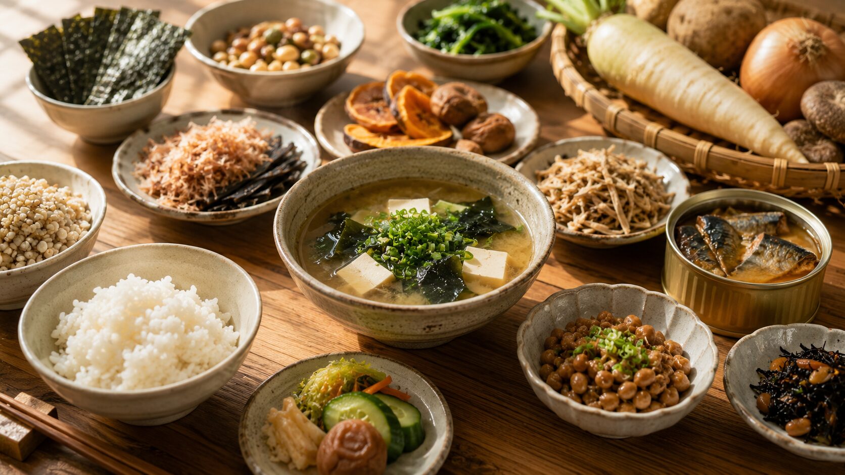 味噌汁や納豆、サバ缶、乾物、野菜などが並ぶ日本の食卓。日常の食事と備えを両立する暮らしの風景。