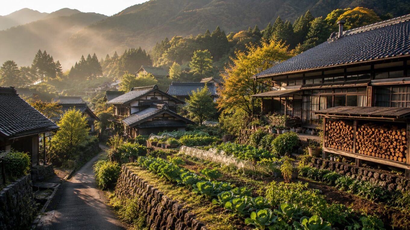 山間の集落に広がる畑と薪小屋。朝日が差し込む中、自然とともに暮らす日本の里山の風景。