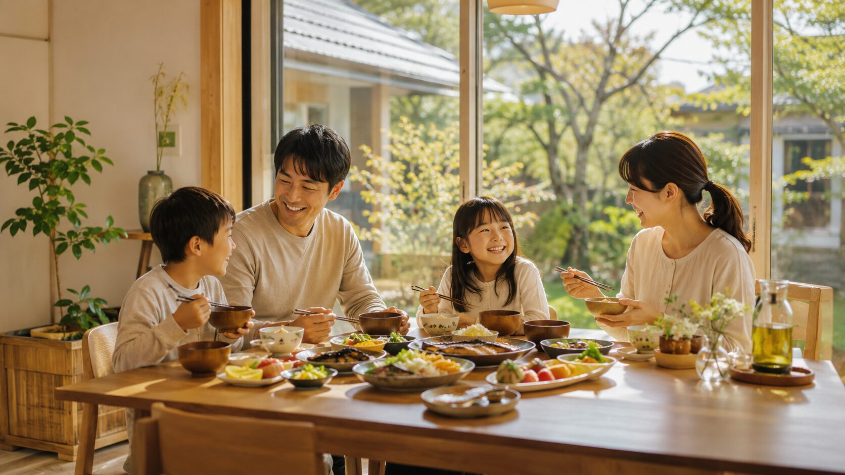 家族が食卓を囲み笑顔で食事を楽しむ様子