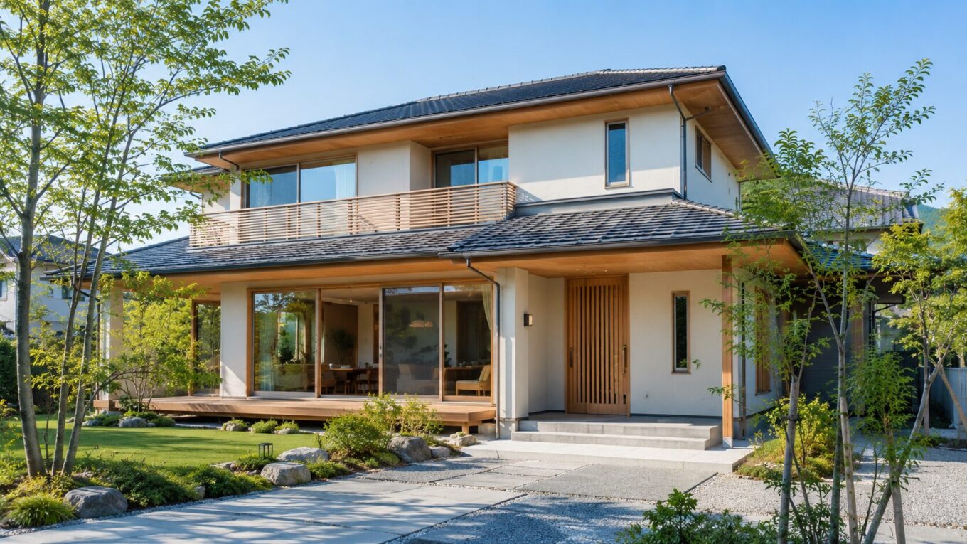 自然光に包まれた木の温もりを感じる日本の住宅。大きな窓と庭が調和した安心感のある住まい。