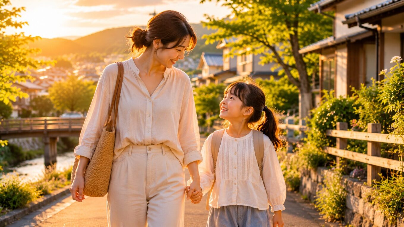 夕暮れの住宅街を手をつないで歩く親子。お互いに笑顔を向け合い、安心感と信頼が伝わる風景。