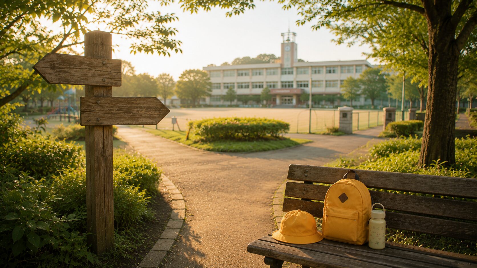 分かれ道と案内標識のある公園で避難場所と避難所の違いを考えるイメージ