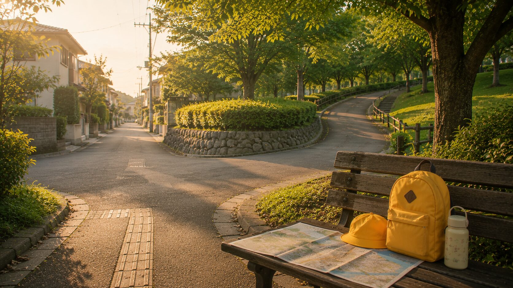 住宅街の分かれ道と地図を前に避難経路を2通り確認するイメージ