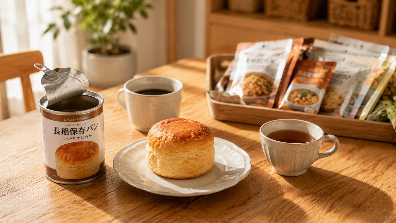 長期保存パンと保存食を食卓に並べた、非常食が美味しく進化したことを表現する日本のダイニング