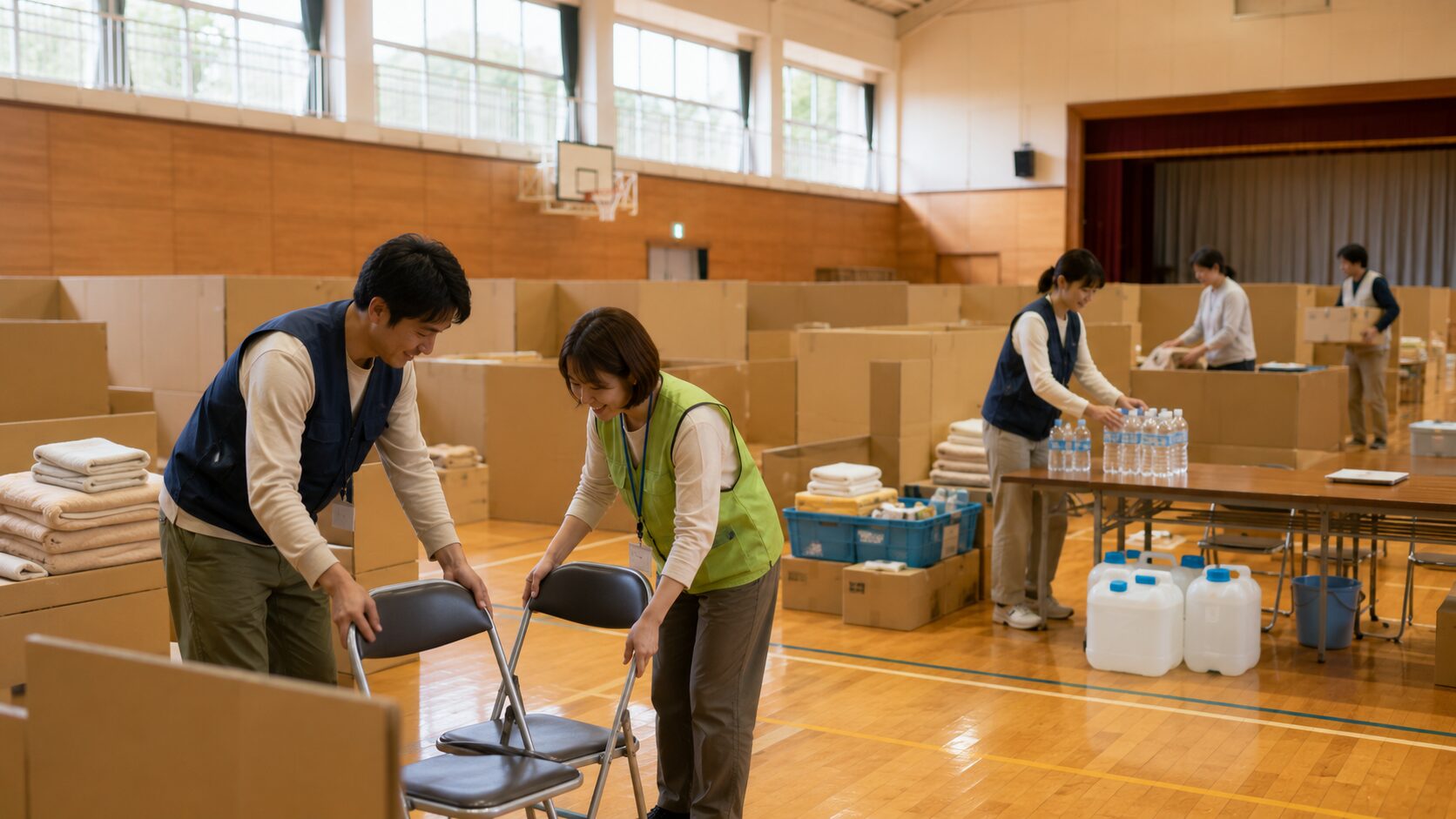 避難所で住民同士が協力して物資を整理し共同生活の準備をしている日本の体育館
