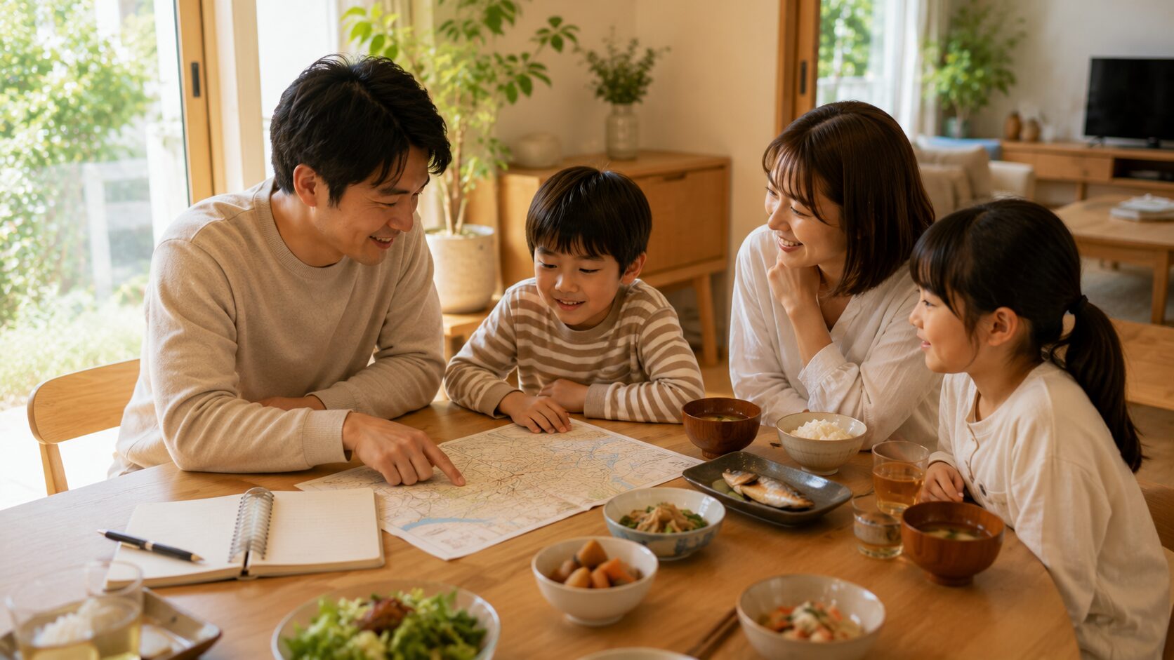 食卓で家族が穏やかにもしもの話をしながら地図やノートを見ている日本の家庭