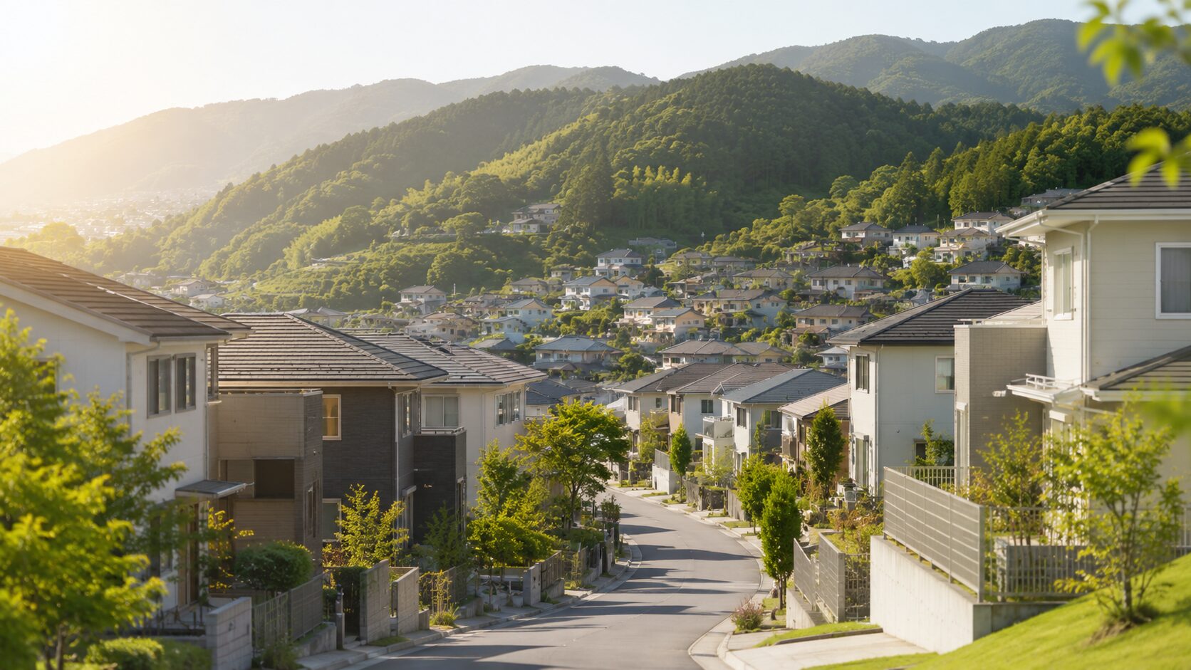 緩やかな斜面に住宅が建ち、周囲の地形が分かる日本の住宅街の風景
