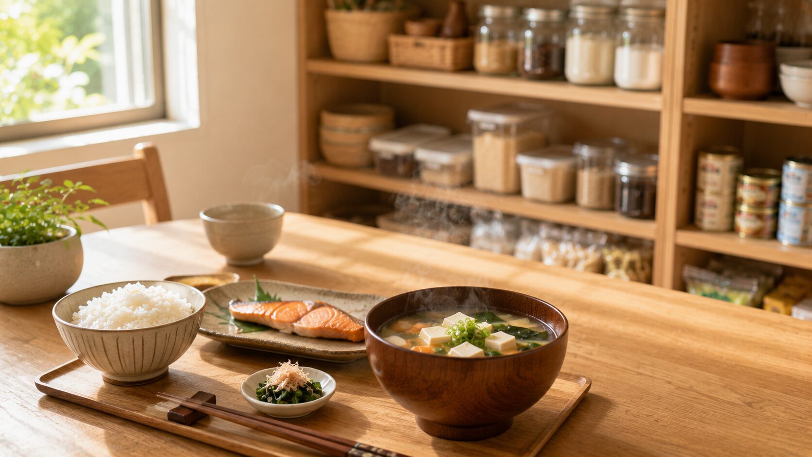 味噌汁を中心とした和朝食と日常食品が整然と収納された日本のキッチン