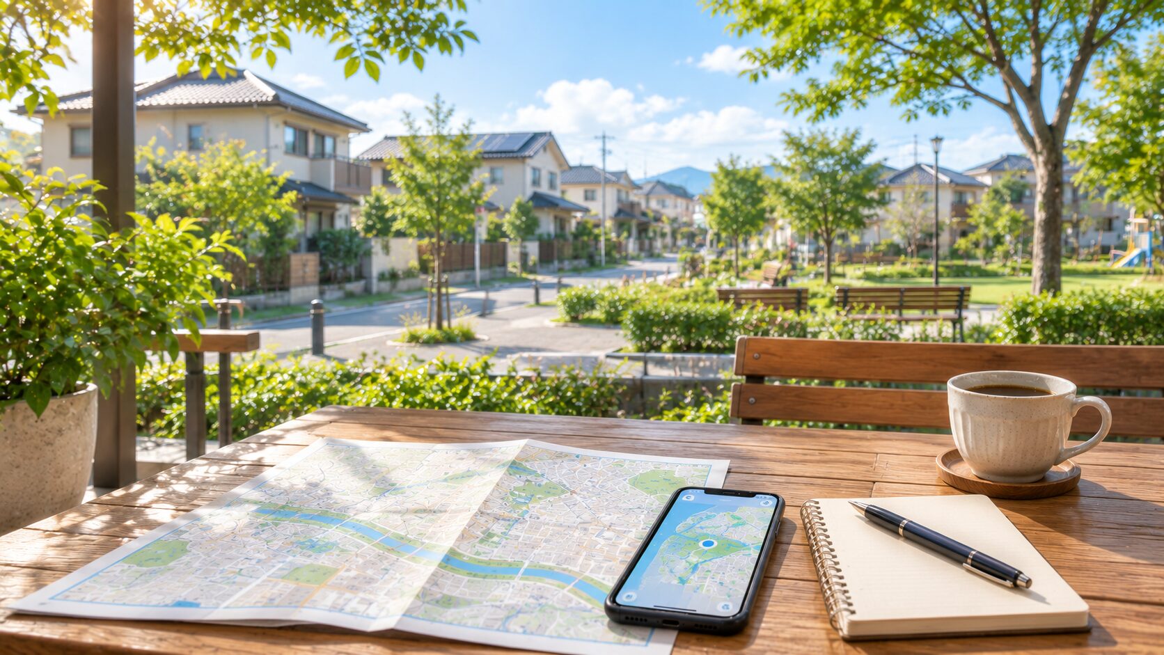 日本の住宅街を眺めながら地図とスマートフォンで引越し先周辺を確認しているイメージ