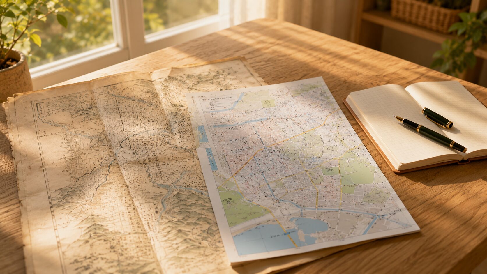 古い地図と現在の地図を並べて土地の歴史や地名の由来を調べる様子