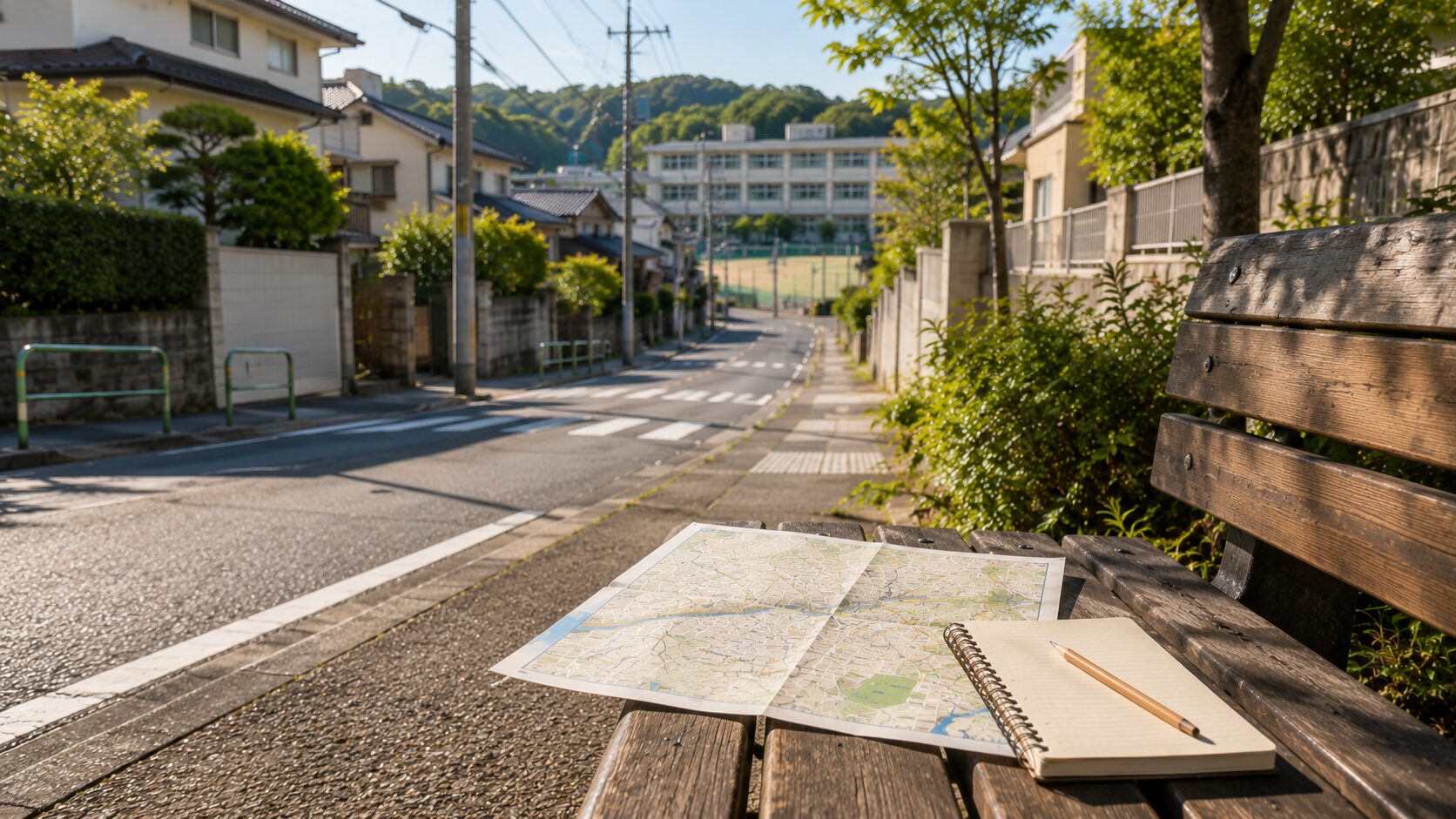 日本の住宅街にある通学路と周辺地図を使って地形や高低差を確認するイメージ