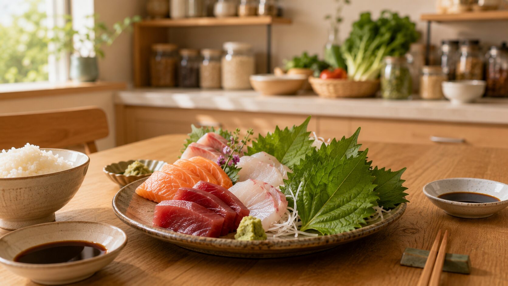 新鮮なお刺身に添えられた青じそと日本の食卓