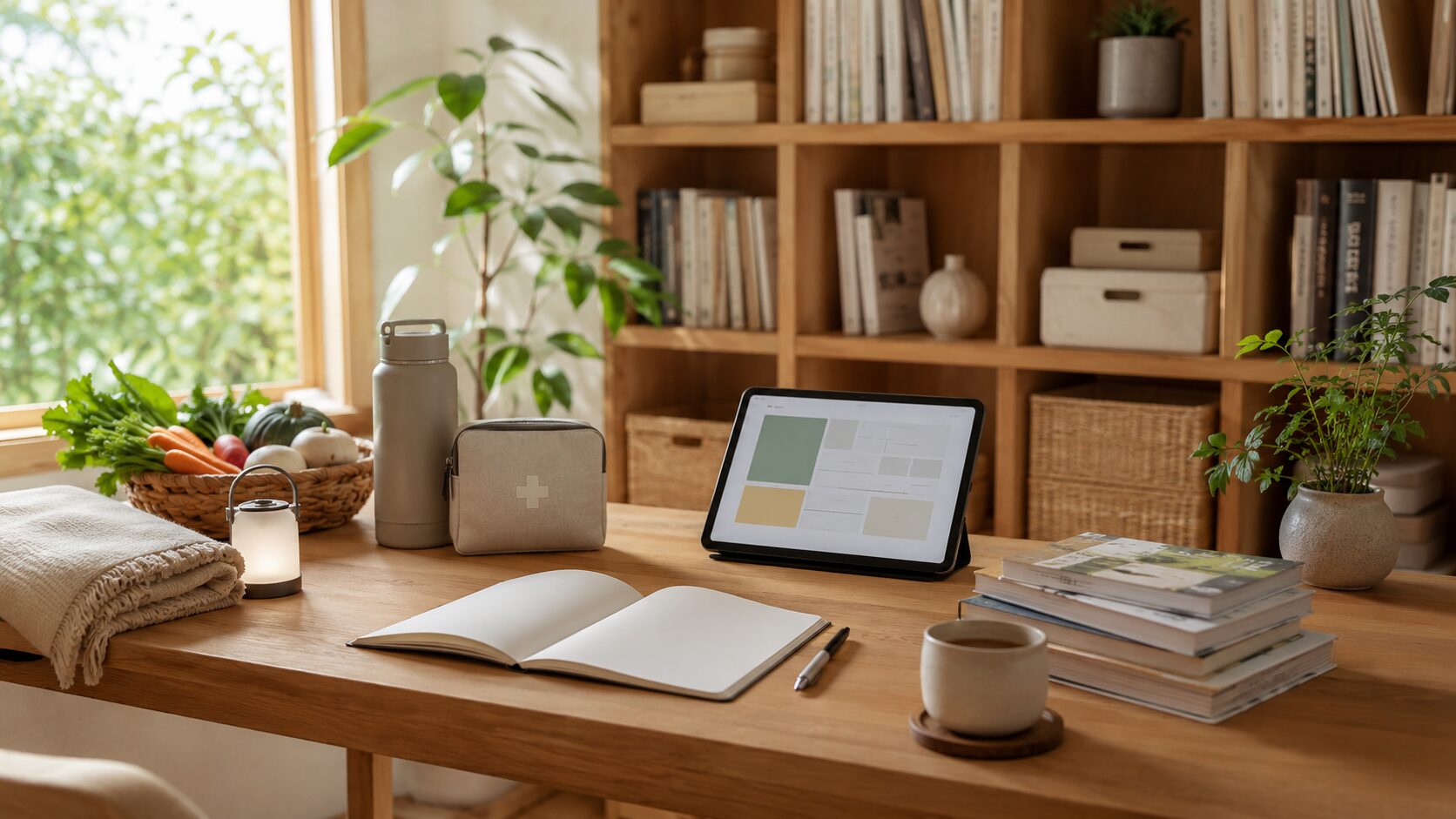 木製デスクにノートや本、タブレットが並び、家族の暮らしに役立つ情報を探せる記事ライブラリをイメージした日本の書斎