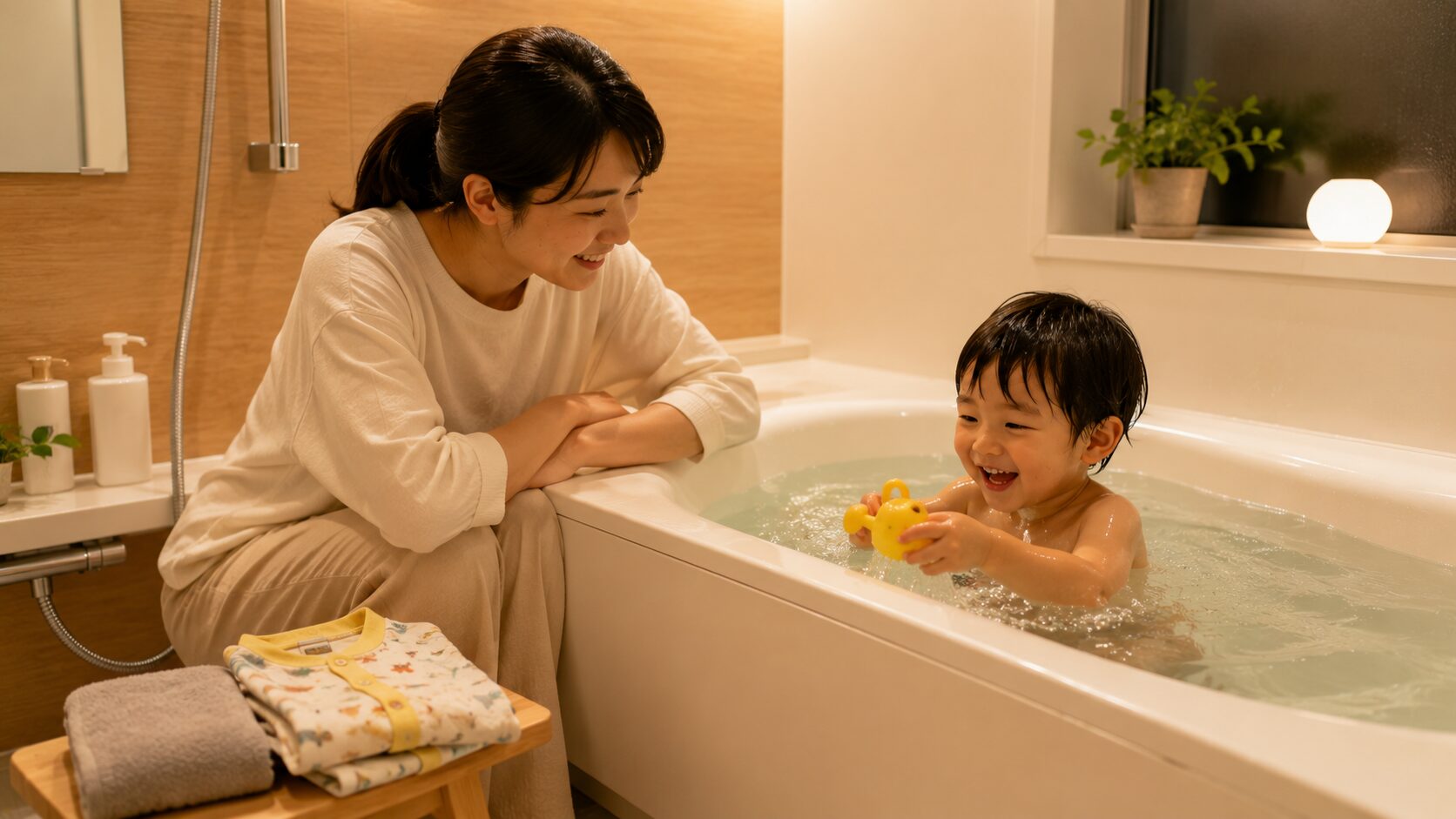 親が子どもの入浴を近くで見守りながら安心してお風呂時間を過ごしている様子