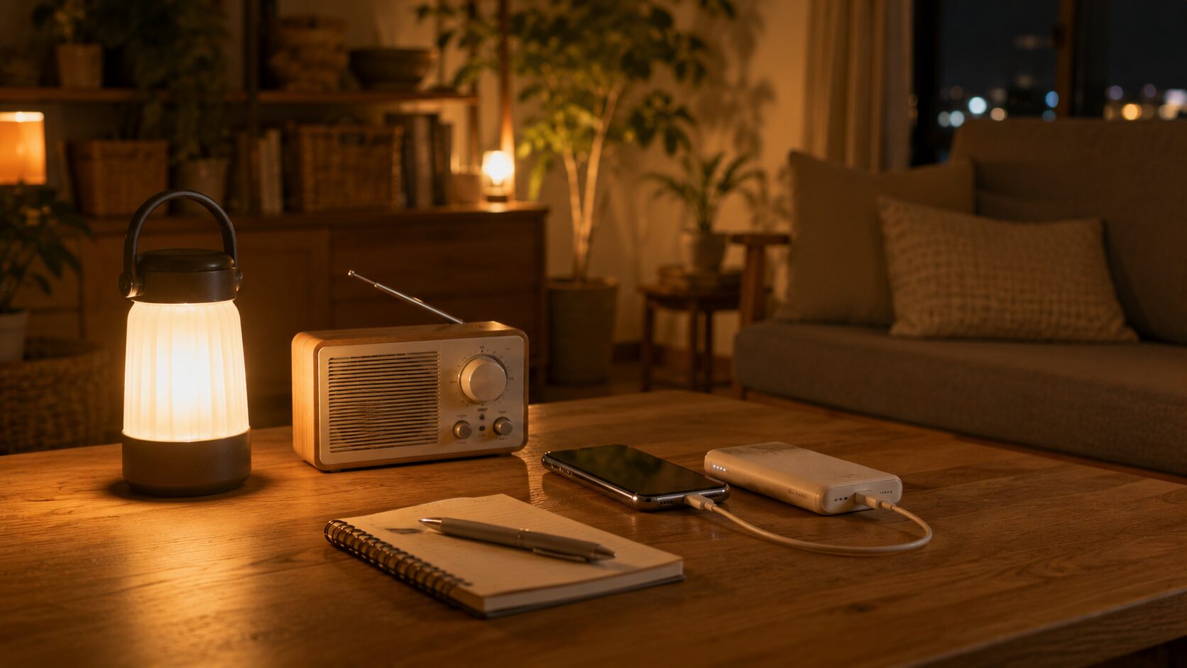 停電した夜にLEDランタンとポータブルラジオ、スマートフォンとモバイルバッテリーを備えた日本のリビング