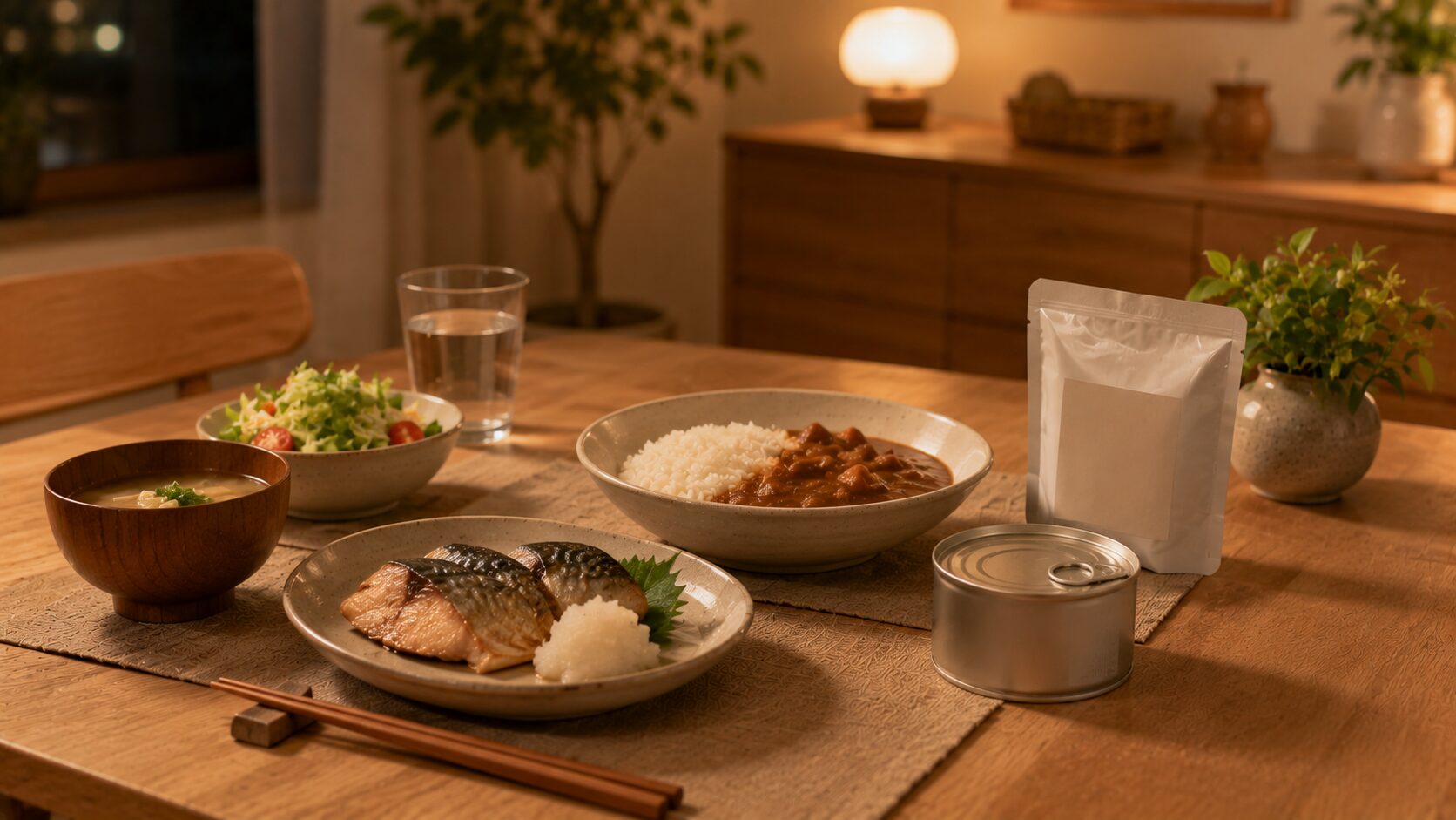 缶詰とレトルト食品を使った夕食が並ぶ日本の家庭の食卓と未開封の保存食品