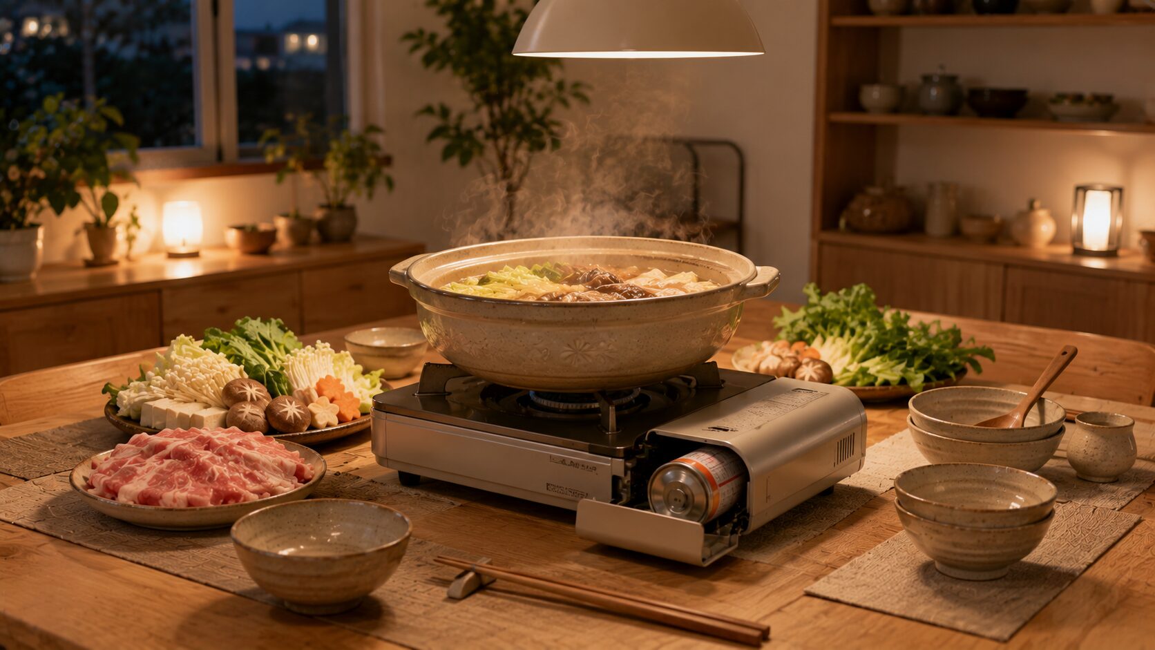 鍋料理を囲む木製テーブル中央に置かれたカセットコンロと温かい鍋料理のある日本のダイニング
