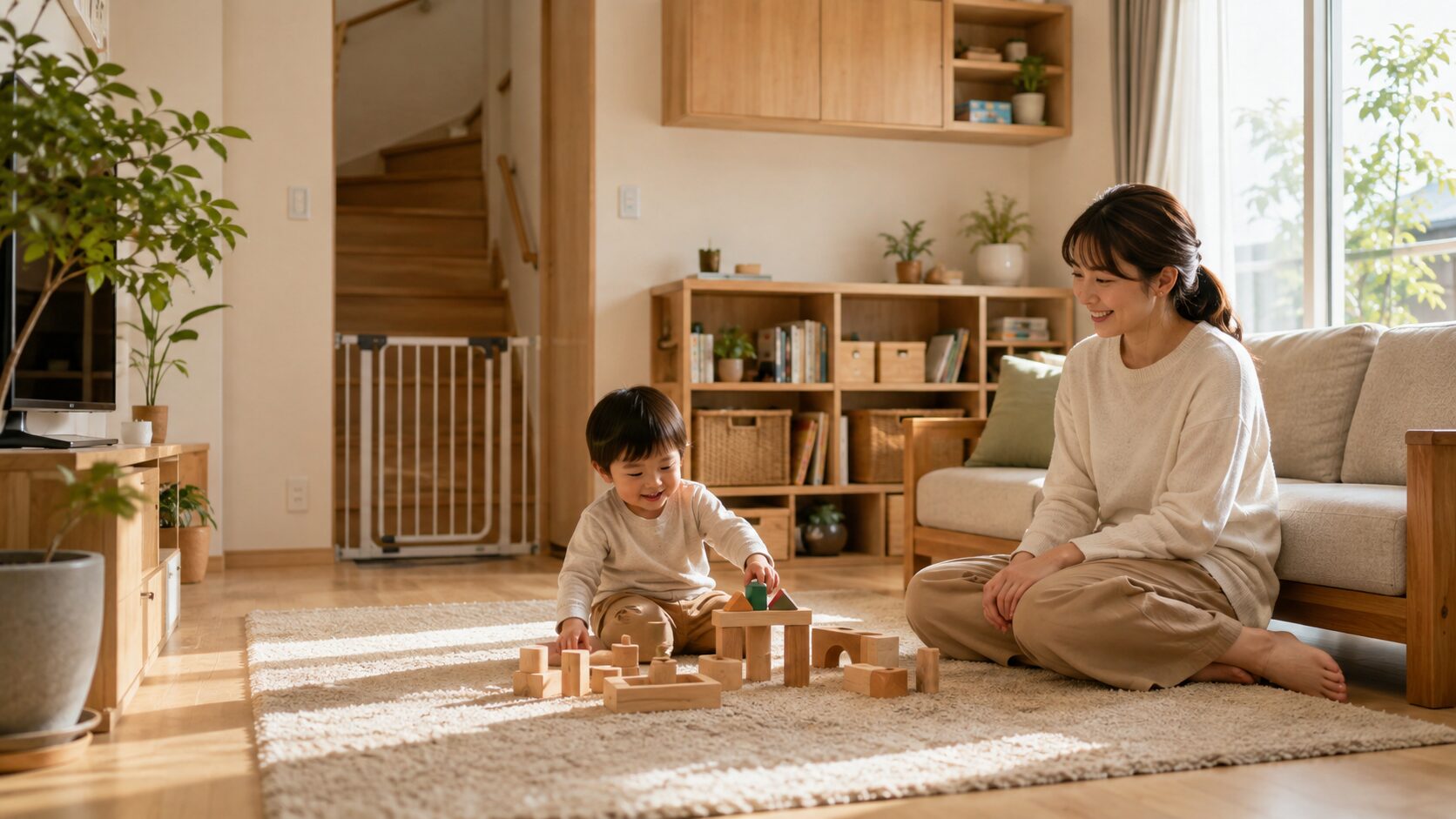 安全対策が施されたリビングで親子が安心して過ごしている日本の家庭