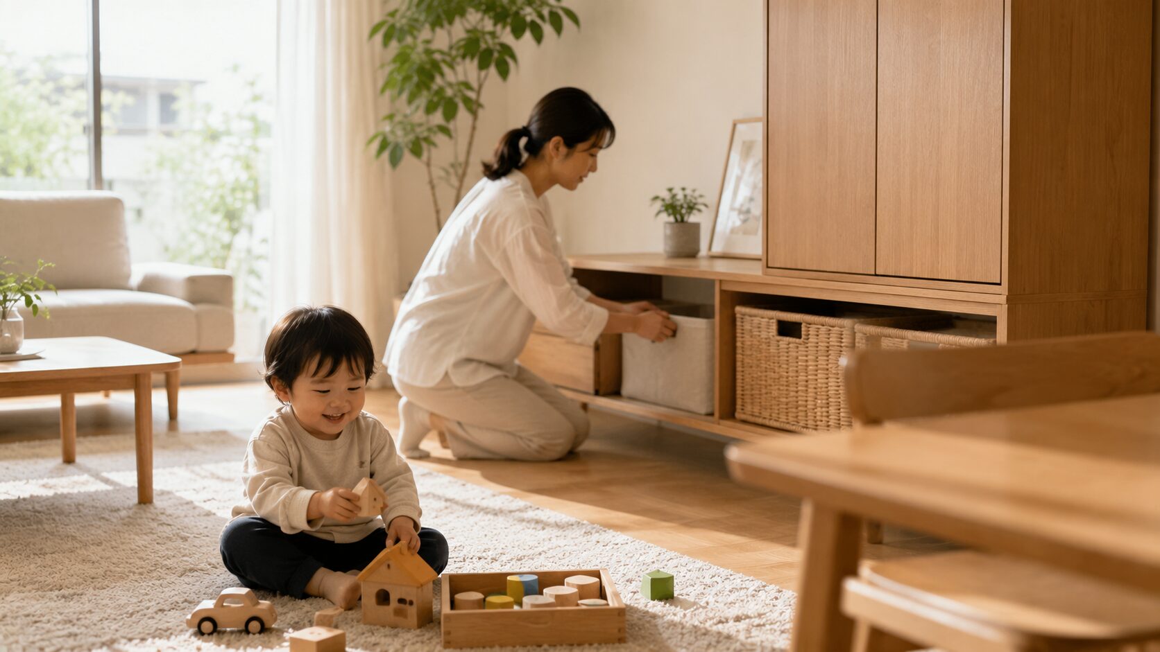 整理整頓されたリビングで子どもの手が届かない場所に危険な物を収納し安心して過ごせる家庭の様子
