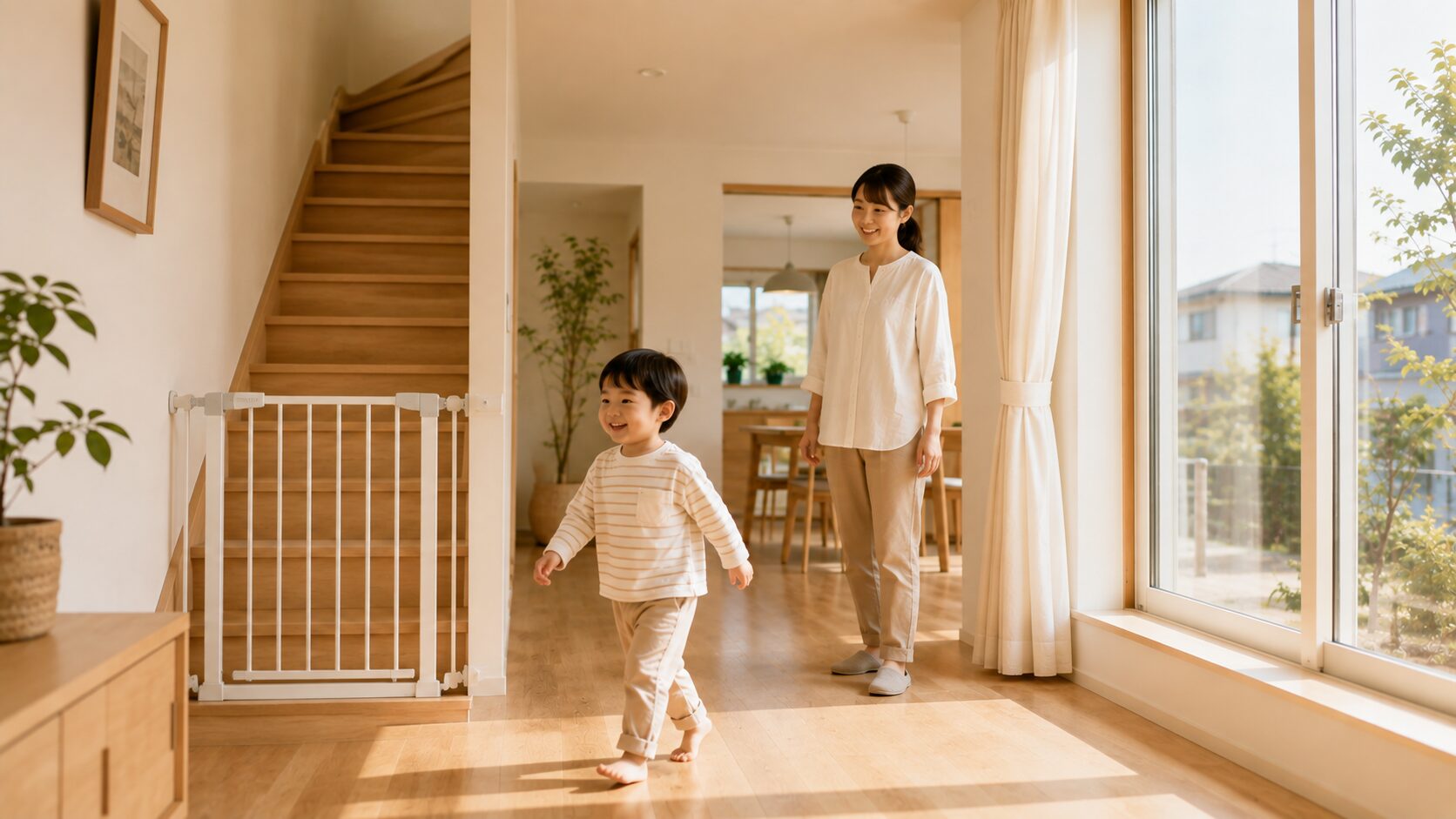 安全ゲートが設置された階段と窓まわりを見守る親子が安心して過ごす日本の住まい
