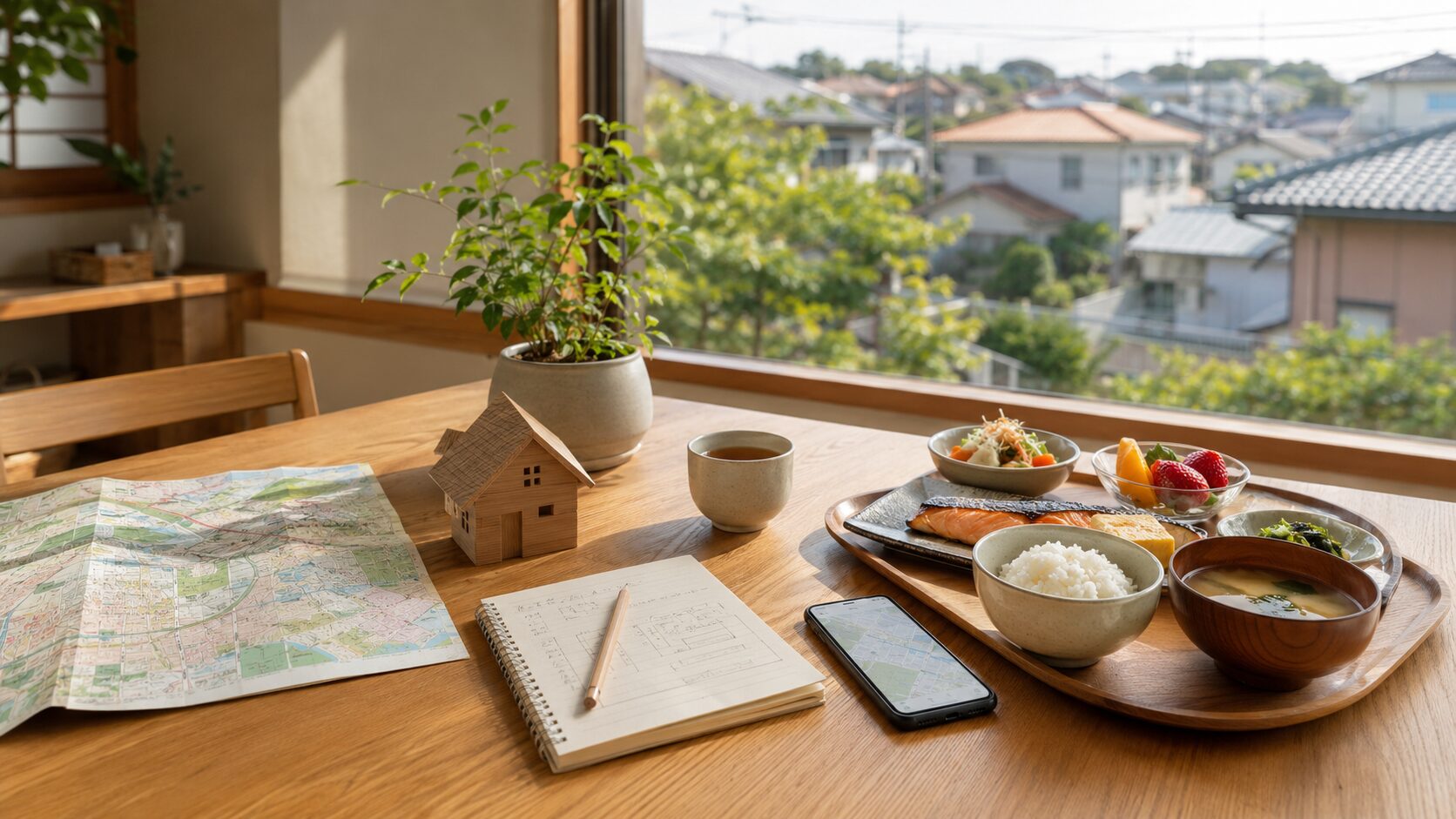 地図や家の模型、健康的な食卓とノートが並ぶ木製テーブルで、本質の防災4STEPをイメージした日本の暮らし