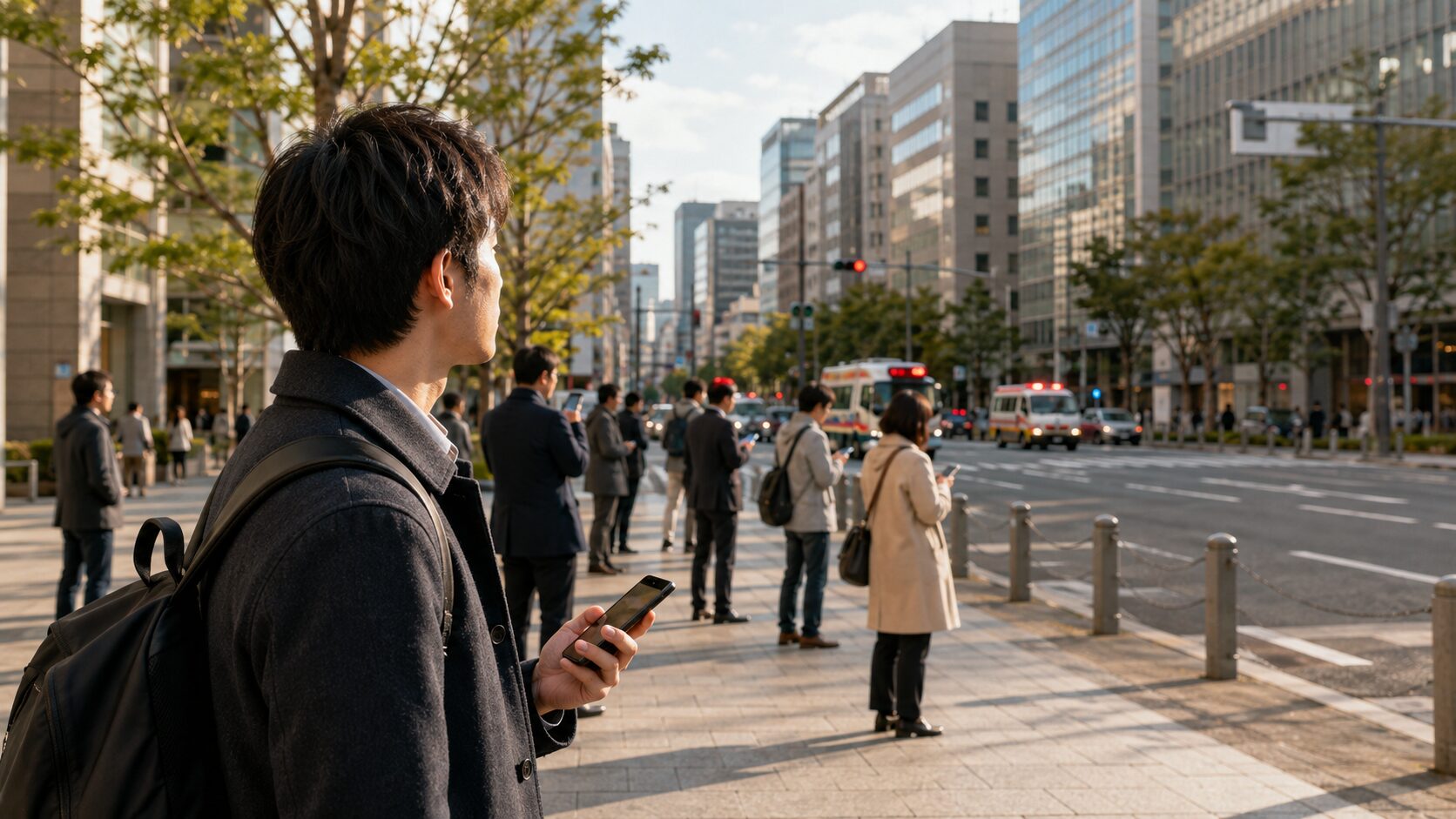地震発生直後の街で、家族を思いながらも落ち着いて状況を確認する会社員の様子