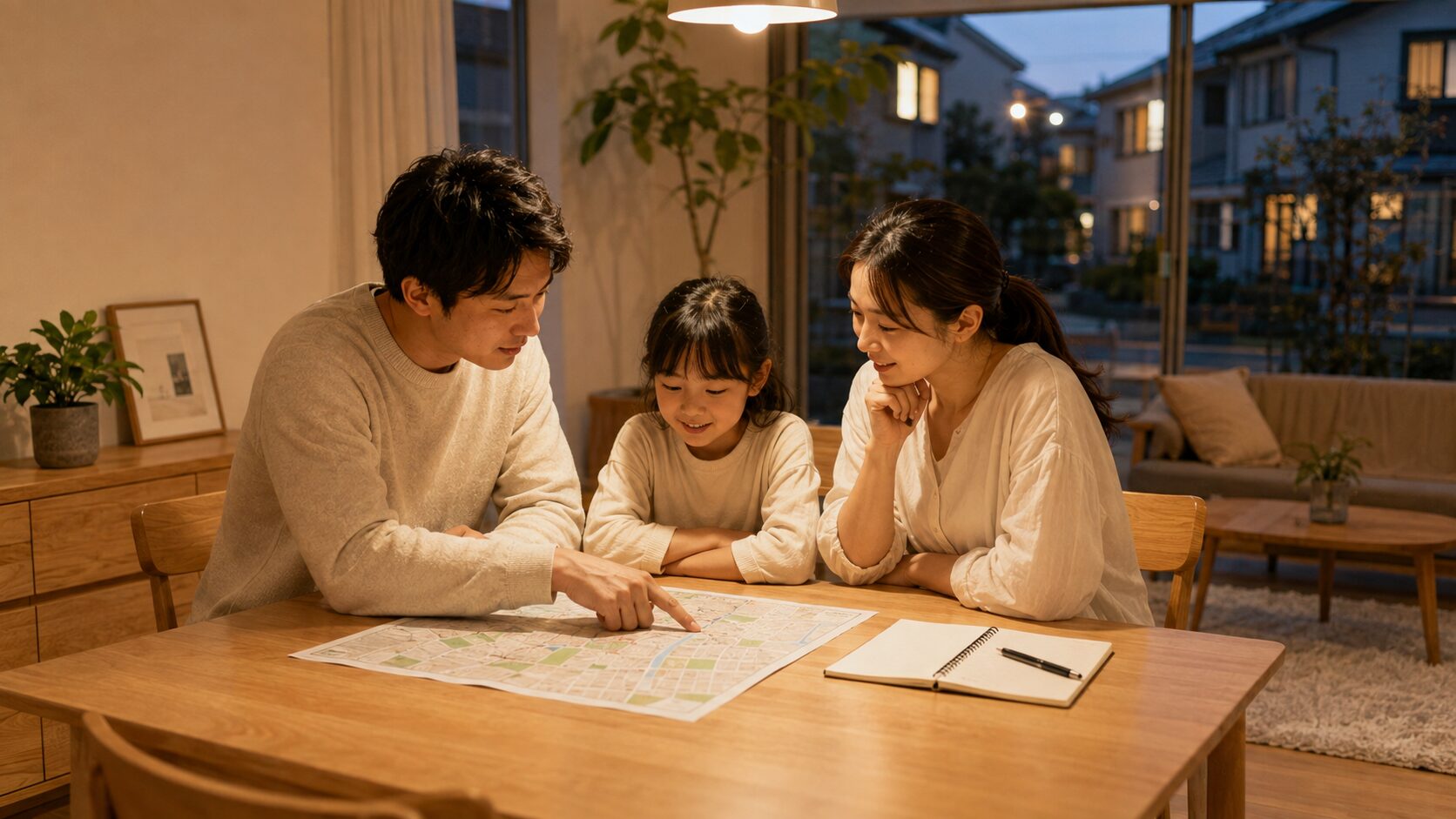 地震に備えて家族が自宅で集合場所について話し合っている様子