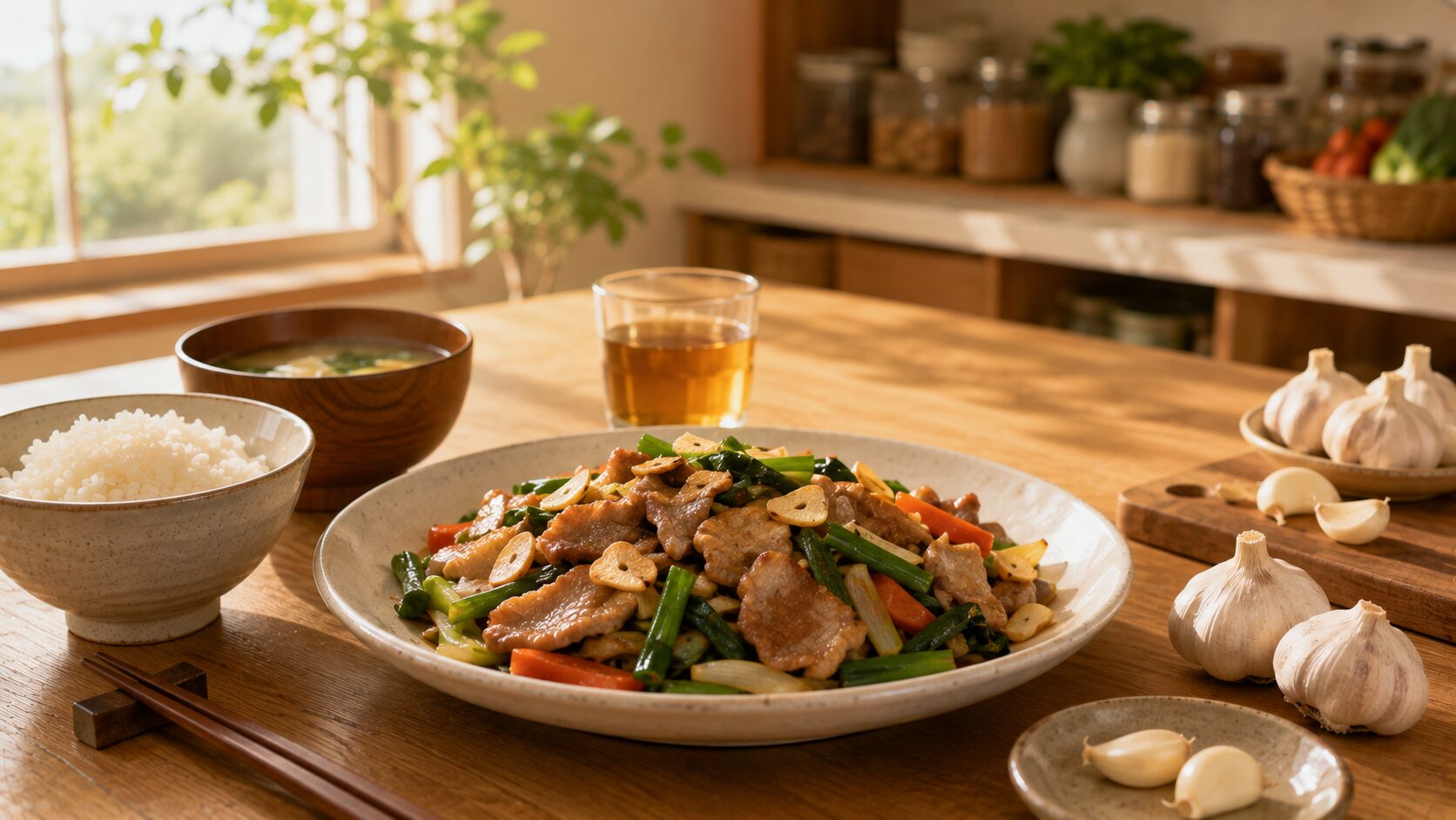 にんにくを使った豚肉料理とご飯、味噌汁が並ぶ日本の家庭の夏の食卓
