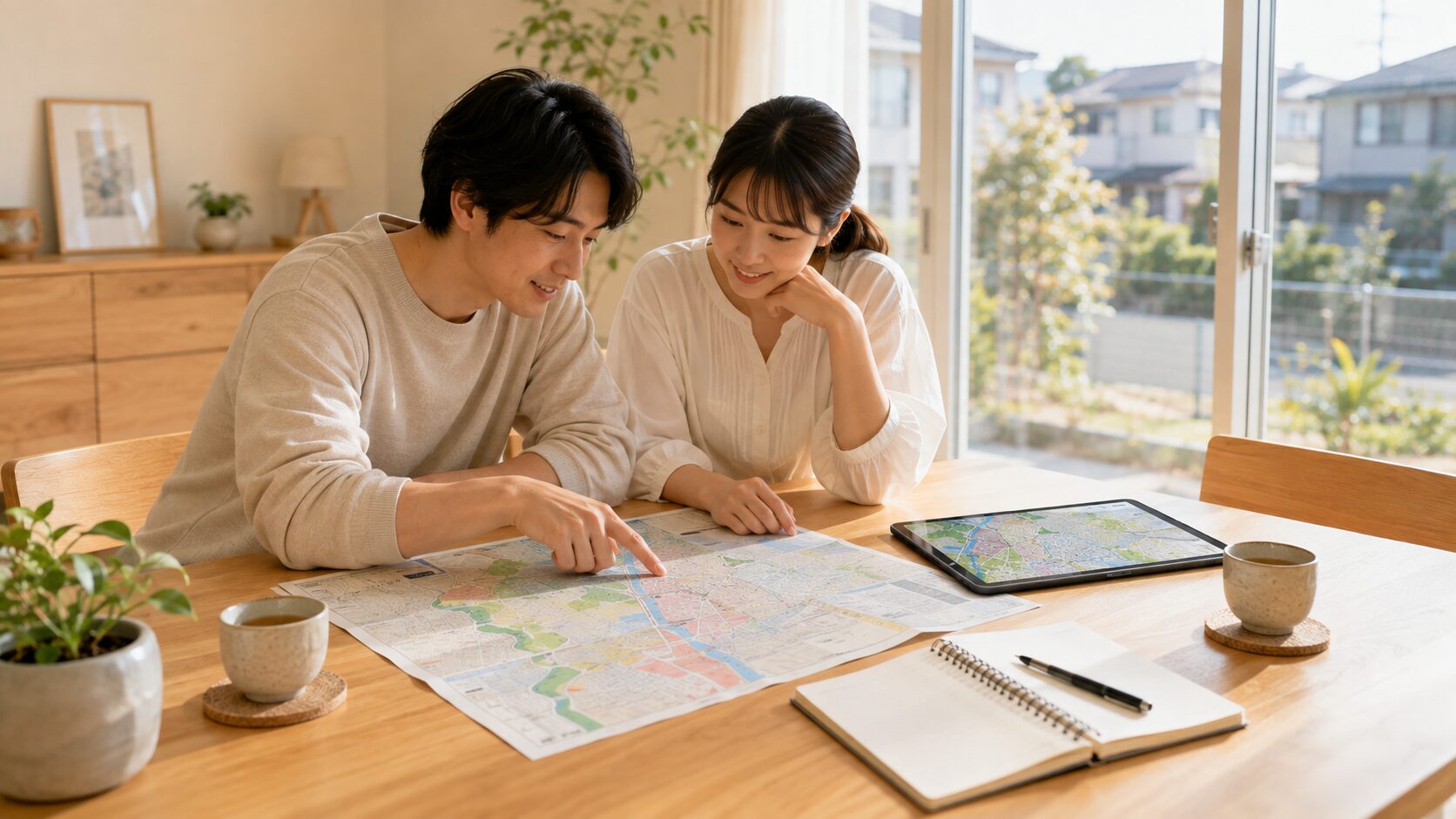 日本の住宅で家族が紙とタブレットのハザードマップを見ながら自宅周辺の災害リスクを確認している様子
