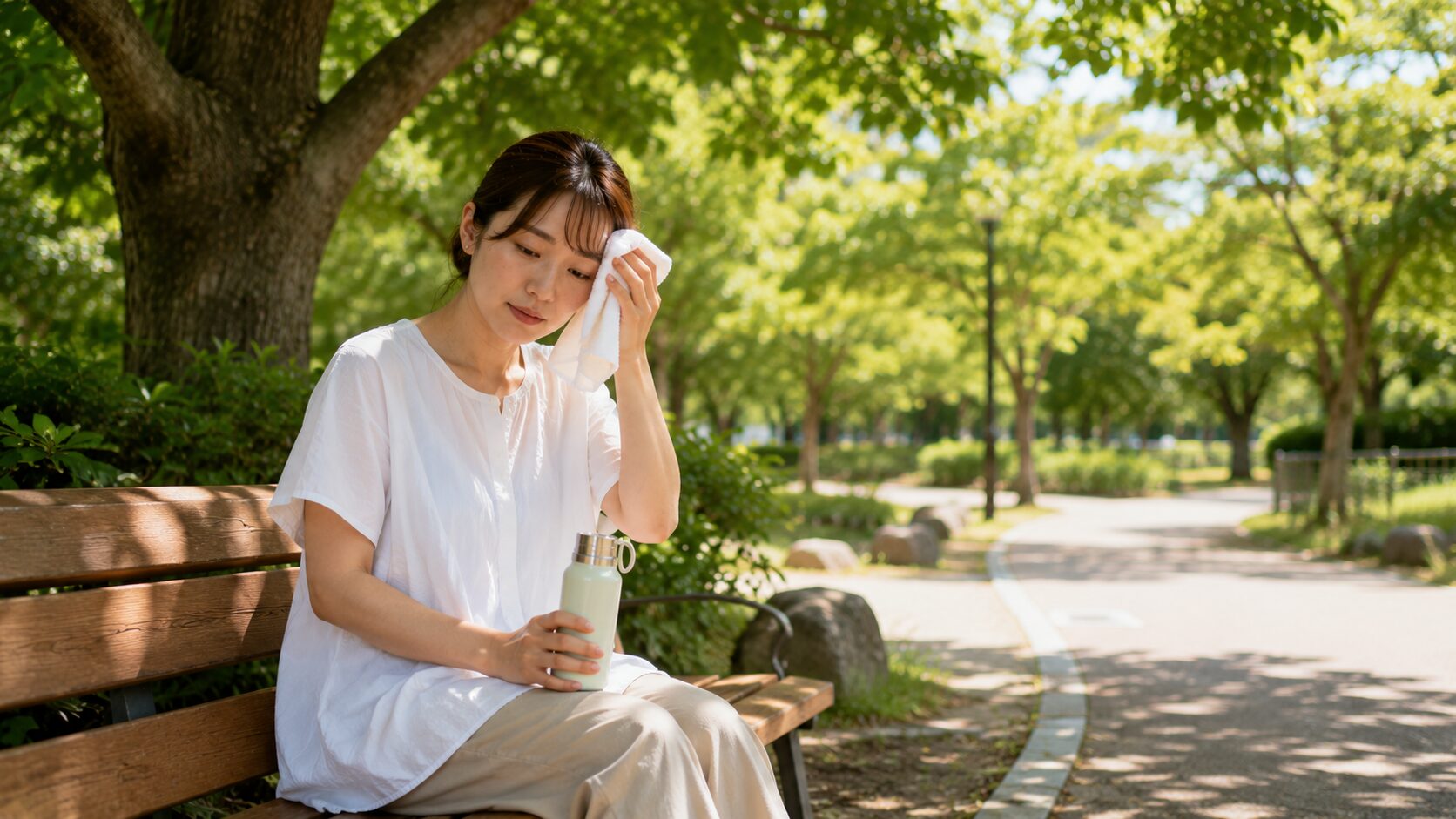 夏の公園で木陰に座り、水分補給をしながら熱中症の初期サインに気付こうとしている日本人