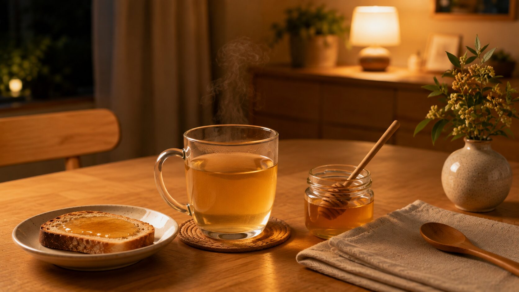 温かいハーブティーにはちみつを加えた、日本の家庭の落ち着いた夜のティータイム