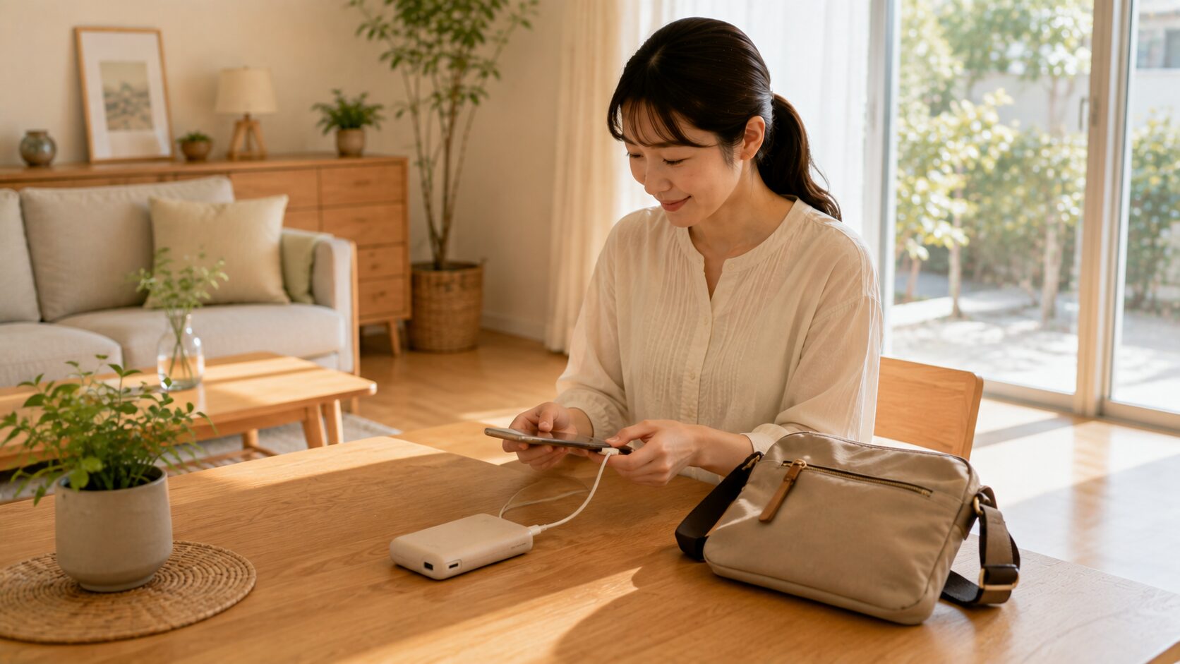 スマートフォンをモバイルバッテリーで充電しながら外出準備をしている日本の家庭
