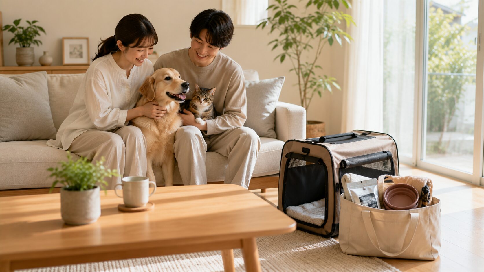 犬と猫と暮らす家族がキャリーケースやペット用備えを身近に置きながら安心して過ごす日本のリビング