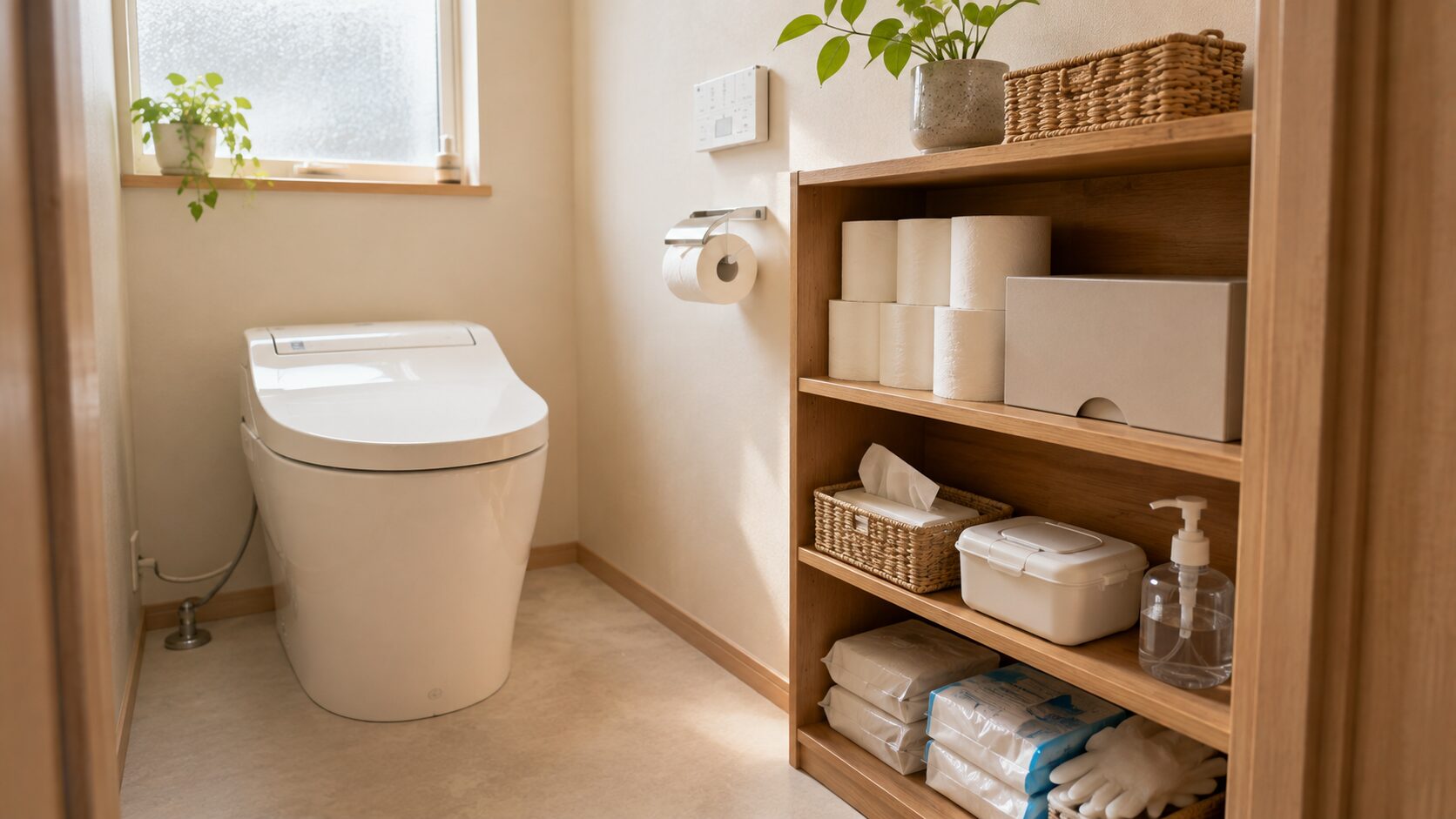 日本の清潔なトイレに携帯トイレやトイレットペーパーを整理して収納し、断水時のトイレ対策を表現した様子
