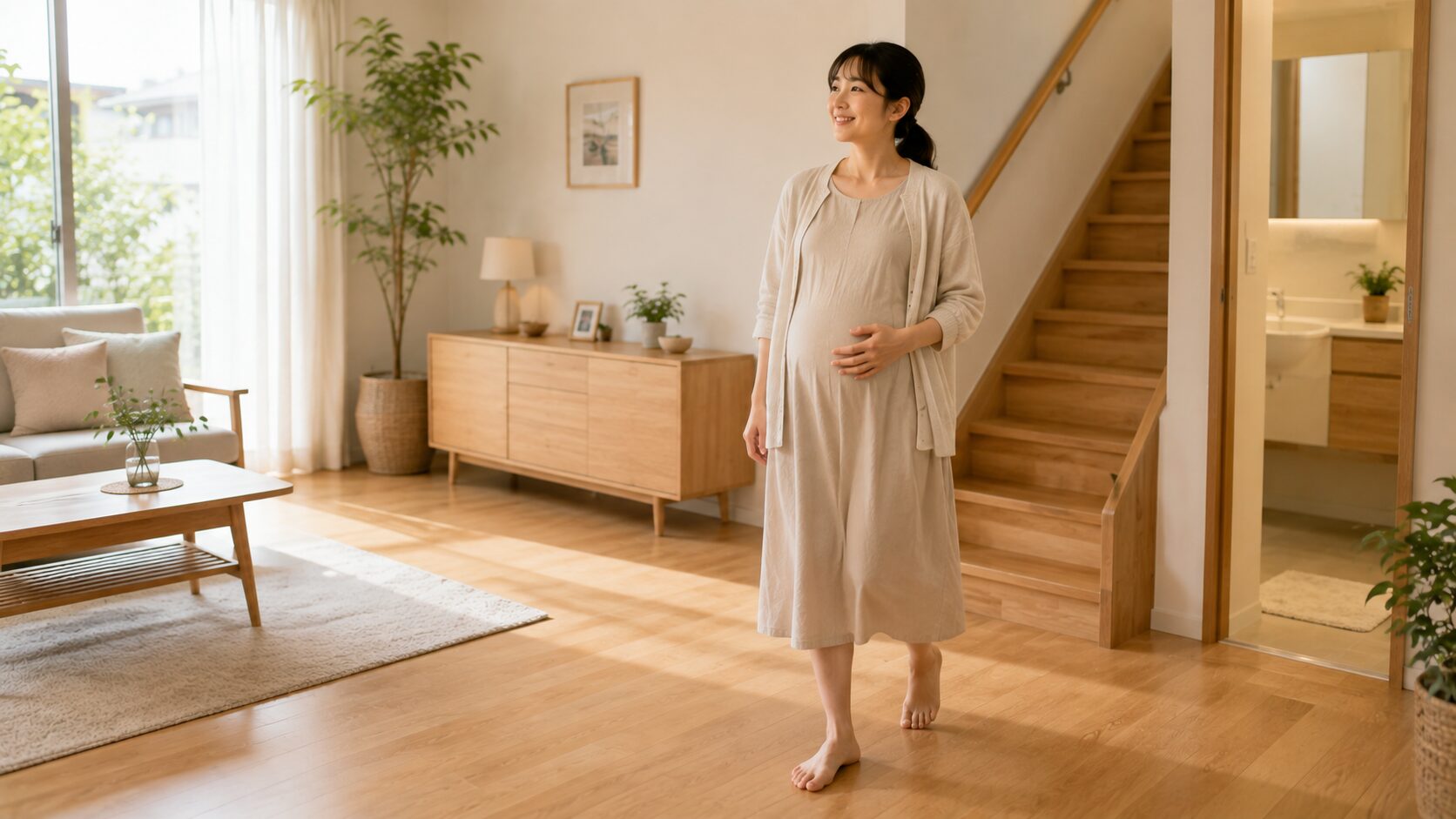 妊娠中の女性が整理整頓された安全な住まいで安心して歩く日本のリビング
