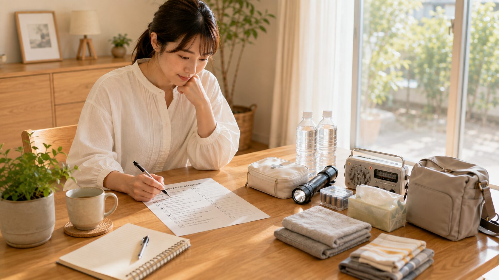 備えグッズのチェックリストを見ながら家族に必要な防災用品を確認している日本の家庭