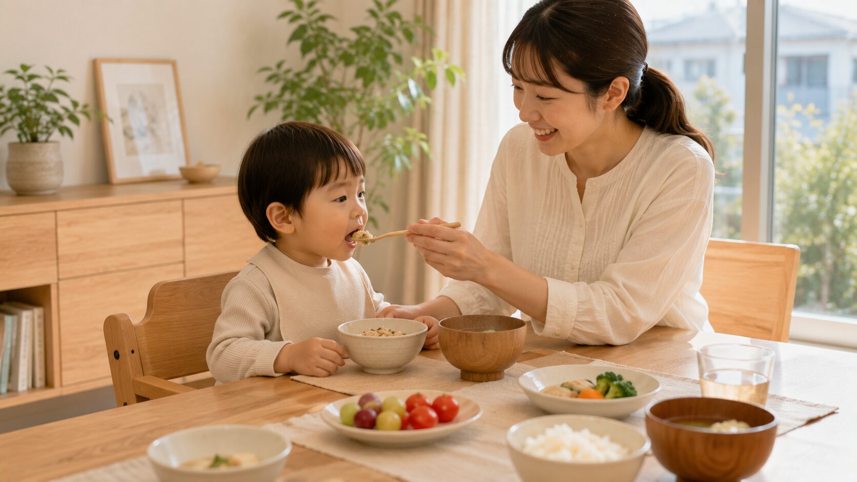 母親が幼い子どもに一口サイズの食事を見守りながら食べさせる日本の家庭の食卓