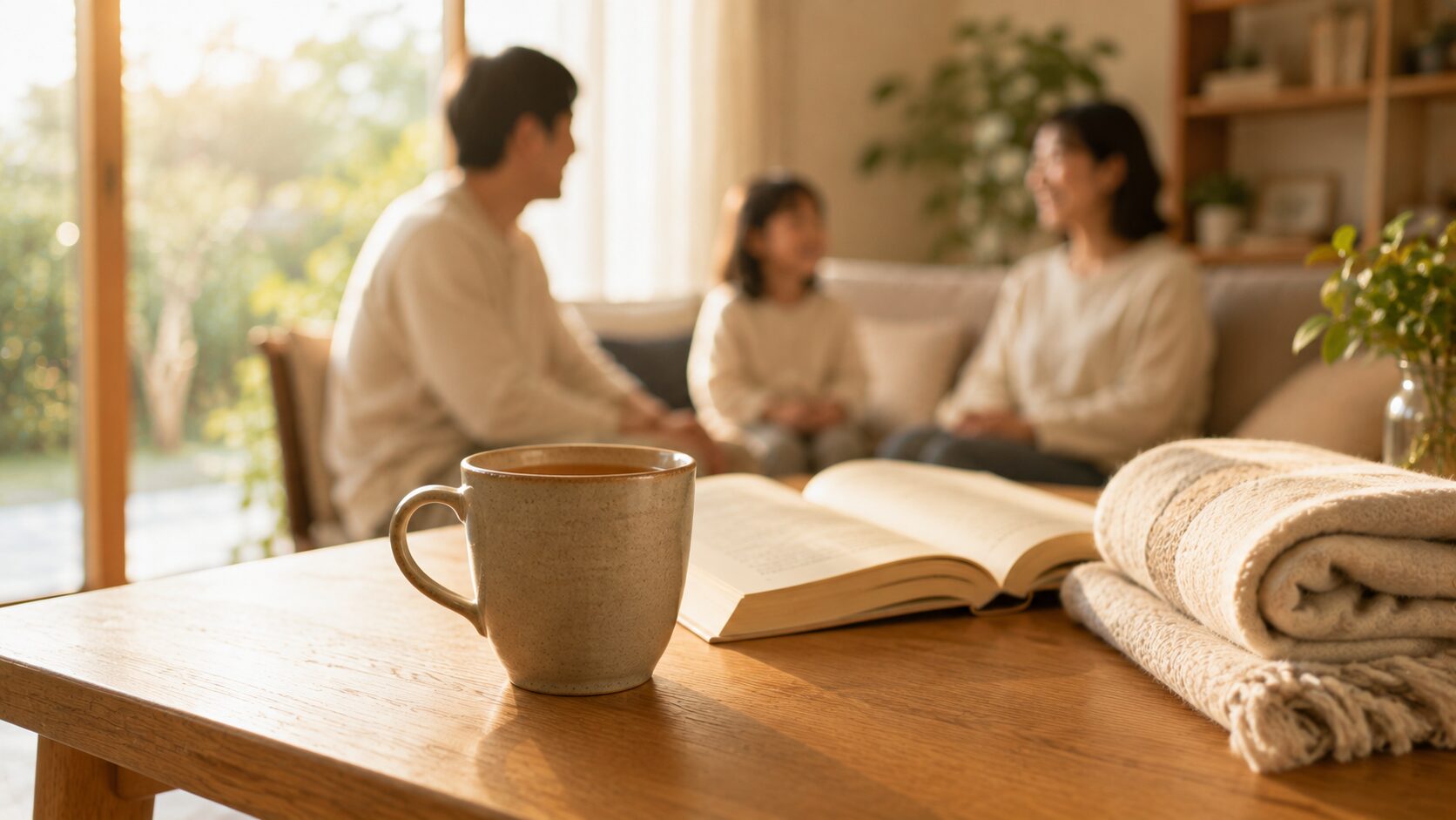 温かいお茶のあるリビングで穏やかな時間を過ごす家族の雰囲気