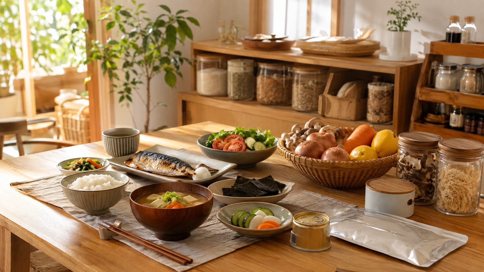 味噌汁や旬の野菜、発酵食品、乾物などを取り入れた日常の食卓で心身を整える「たべる備え」を表現した日本のダイニング