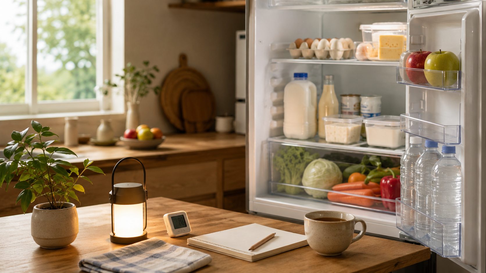 停電時に開いた冷蔵庫の中で牛乳、卵、マヨネーズなどの食品を確認する日本の明るいキッチン風景