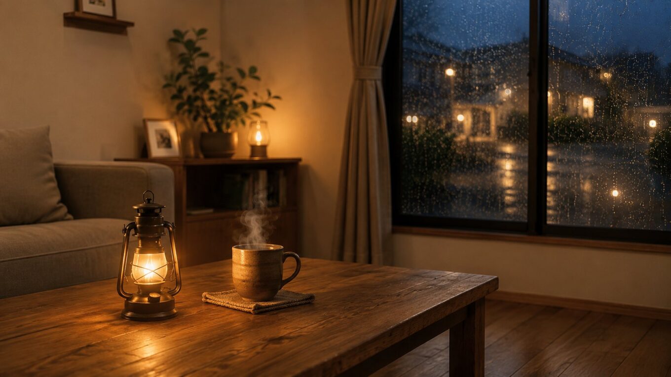 雨の夜、ランタンの明かりと湯気の立つカップが置かれた静かなリビング